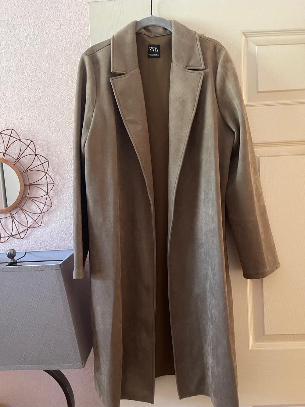 Zara Long Open-Front Trench Coat in Taupe Brown